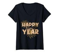 Femme Happy New Year Fireworks 2025 Nouvel an Eve Party Hello 2025 T-Shirt avec Col en V