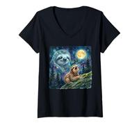 Femme Happy Sloth Howling at The Moon Night Sky Animal Art T-Shirt avec Col en V