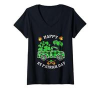 Femme Happy St. Patrick's Day Green Truck Buffalo Plaid Trèfle T-Shirt avec Col en V