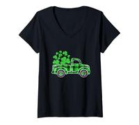 Femme Happy St. Patrick's Day Green Truck Buffalo Plaid Trèfle T-Shirt avec Col en V