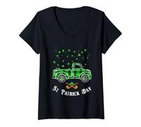 Femme Happy St. Patrick's Day Green Truck Buffalo Plaid Trèfle T-Shirt avec Col en V