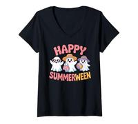 Femme Happy Summerween Fantômes Kawaii Amusants Halloween Été T-Shirt avec Col en V