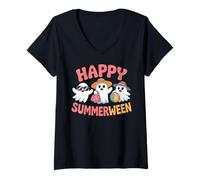 Femme Happy Summerween Fantômes Mignons drôles Halloween été T-Shirt avec Col en V