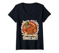Femme Happy Turkey Day Dabbing Pilgrim Thanksgiving Meme Citation T-Shirt avec Col en V