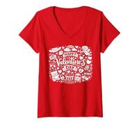 Femme Happy Valentine's Day Doodle Collage Cute Love Icons Art T-Shirt avec Col en V