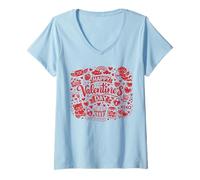 Femme Happy Valentine's Day Doodle Collage Cute Love Icons Art T-Shirt avec Col en V