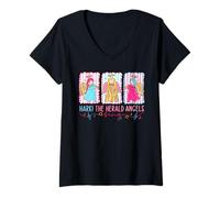 Femme Hark The Herald Angels Rose Bleu Noël Faith Jésus T-Shirt avec Col en V