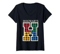 Femme Harry Potter H Tartan Logo T-Shirt avec Col en V