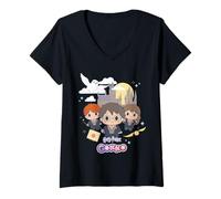 Femme Harry Potter x Gokko Harry, Hermione and Ron Hogwarts T-Shirt avec Col en V