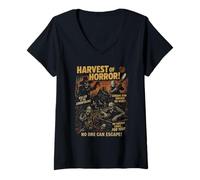 Femme Harvest of Horror Farm Affiche Vintage Halloween T-Shirt avec Col en V