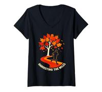 Femme Harvesting The Miles Automne Running Jogger Automne Saison Art T-Shirt avec Col en V