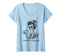Femme Hate People I Could Be Meaner Skeleton Drinking Coffee Skull T-Shirt avec Col en V