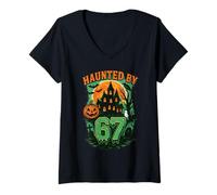 Femme Haunted by 67 Six Seven Costume Amusant pour Halloween T-Shirt avec Col en V