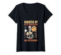 Femme Haunted by Sleep Deprivation and Tiny Screams Born Dad des années 90 T-Shirt avec Col en V