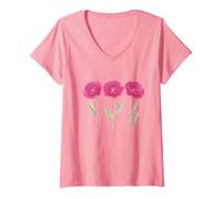 Femme Haut à Fleurs Roses - Fleur de Coquelicot sur Rose T-Shirt avec Col en V