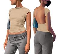 Femme Haut Dos Nu Manche Courte T-Shirt d'été Tops Dos Nu Y2k Crop Top Sexy Backless T-Shirt Ajusté Slim Fit Haut Chic Décontractée Col Rond Couleur Unie Portable Devant et Derrière