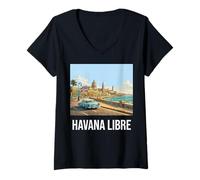 Femme Havana Libre Cuba 2026 Souvenir de Voyage rétro Vintage T-Shirt avec Col en V