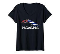 Femme Havane Cuba Drapeau cubain Carte de l'île Caraïbes T-Shirt avec Col en V
