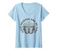 Femme Have Courage and Be Kind Papillon Floral Retro T-Shirt avec Col en V