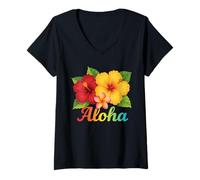 Femme Hawaï Plumeria Hawaï Maui Kauai Hibiscus Aloha Surfer T-Shirt avec Col en V