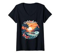 Femme Hawaii Island Sunset Feel Aloha Fleur Esprit Aloha Hawaii T-Shirt avec Col en V