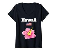Femme Hawaii Souvenir Hibiscus Fleur Tropical tiki Musique Drapeau américain T-Shirt avec Col en V