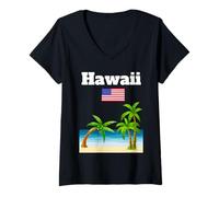 Femme Hawaii Souvenir Tropical Plage Palmier Drapeau américain T-Shirt avec Col en V