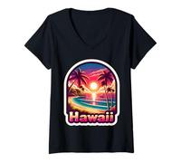 Femme Hawaii Sunset Beach Holiday Island Summer Vacances Souvenir T-Shirt avec Col en V