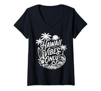 Femme Hawaii Vibes Only Surf Beach, île Tropicale, Coucher de Soleil, Aloha T-Shirt avec Col en V