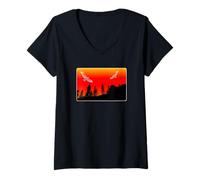 Femme Hawks & Mountain Bordure ronde rouge-jaune T-Shirt avec Col en V