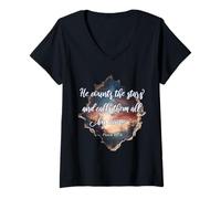 Femme He Counts The Stars Psalm 147:4 Étoiles T-Shirt avec Col en V
