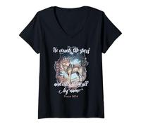 Femme He Counts The Stars Verset biblique Chrétien Loup T-Shirt avec Col en V