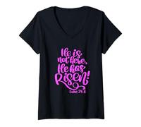 Femme He Has Risen Bible Verse Luke 24:6 Écriture Faith Prayer T-Shirt avec Col en V