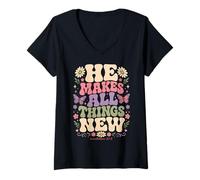 Femme He Makes All Things New Revelation 21 5 Écriture biblique T-Shirt avec Col en V