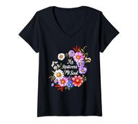 Femme He Restores My Soul Verse de la Bible Femme florale chrétienne T-Shirt avec Col en V