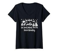 Femme He Sees What You've Been Reading Santa Christmas Book Lovers T-Shirt avec Col en V