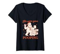 Femme He Sees You When You’re Pooping Shirt Noël Bigfoot Cadeau T-Shirt avec Col en V