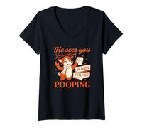 Femme He Sees You When You’re Pooping Shirt Noël Renne Cadeau T-Shirt avec Col en V