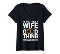 Femme He Who Finds A Wife Christian Bible Verse Religious Sayings T-Shirt avec Col en V