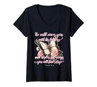 Femme He Will Cover You with His Feathers Psalm 91:4 Papillon T-Shirt avec Col en V