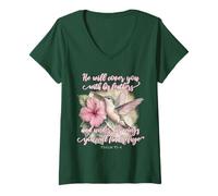 Femme He Will Cover You with His Feathers Verset biblique Colibri T-Shirt avec Col en V