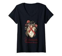 Femme Heart Disease Awareness Warrior Ruban Floral Anatomique T-Shirt avec Col en V