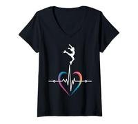 Femme Heartbeat Patinage sur glace Silhouette d'amour T-Shirt avec Col en V