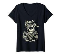 Femme Heavy Metal Batterie pour chat batteur Headbanger T-Shirt avec Col en V