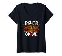 Femme Heavy Metals Drummer Skeleton Drums Or Die T-Shirt avec Col en V