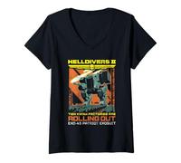 Femme Helldivers 2 Exo-45 Patriot Exosuit Vintage Ad Video Game T-Shirt avec Col en V