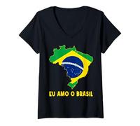 Femme Hello Brasilia I Love Brazil Carte Drapeau Fière Bolivienne Maman Papa T-Shirt avec Col en V