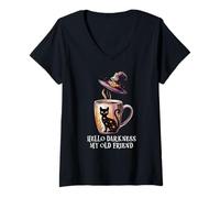 Femme Hello Darkness My Old Friend Black Cat Coffee Mug Witch Cat T-Shirt avec Col en V
