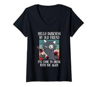 Femme Hello Darkness My Old Friend. Chat de vin Winelovers Cat Fun T-Shirt avec Col en V