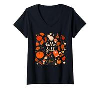 Femme Hello Fall Cottagecore Citrouille Livres Feuilles et Champignons T-Shirt avec Col en V
